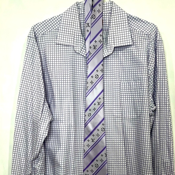 Mens Chaps Checkered Dress Shirt White & Purple long sleeves pocket nice texture - Picture 7 of 11